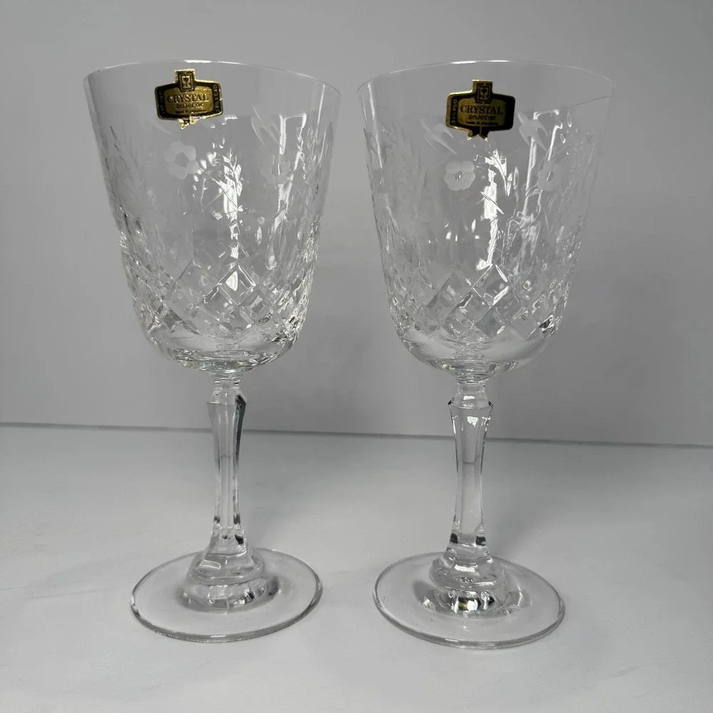 Crystal Zajecar Wine Glasses Goblets Nobility Pattern Set of 2 NWOT Vintage New